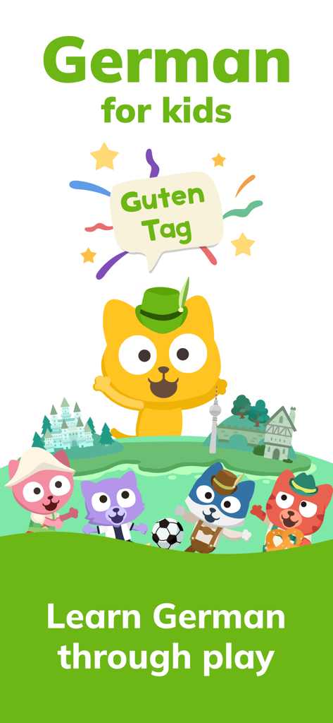 ドイツ語で子供向けに「Learn German」と書かれたカラフルなイラスト。おもちゃの衣装を着た漫画の猫がランドマークと共に描かれ、遊びながらドイツ語を学ぼうと書かれています。