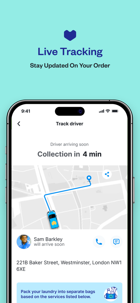 Laundryheap: On-Demand Laundry - ドライバーの詳細と地図表示による、洗濯物集荷のリアルタイムGPS追跡を表示するスマートフォンの画面。