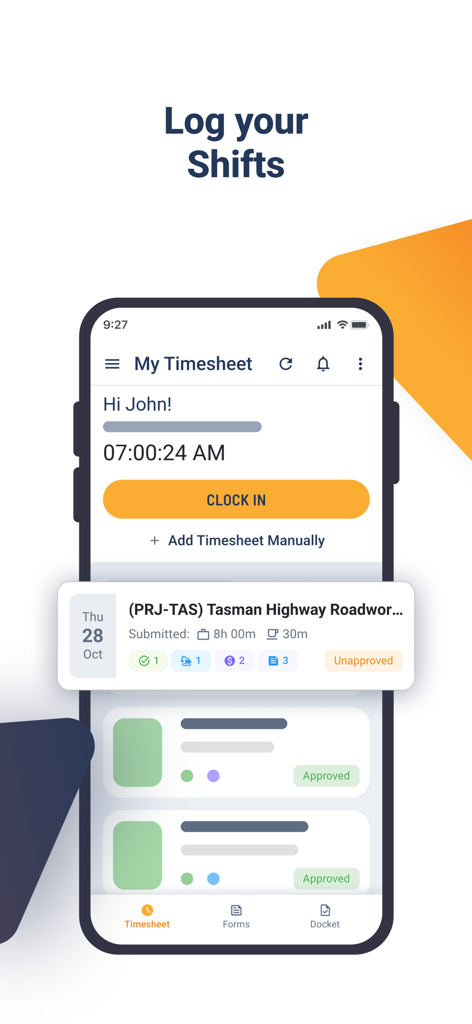 Varicon Timesheet - Varicon Timesheet 모바일 앱 화면으로, 현장 작업자를 위한 출근 버튼 및 근무 시간 추적 목록 표시