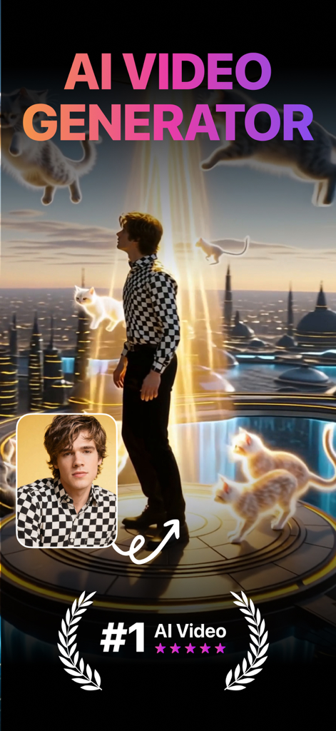 Un hombre con una camisa a cuadros de pie en una ciudad futurista con gatos flotantes brillantes generados por la aplicación PixVideo AI.