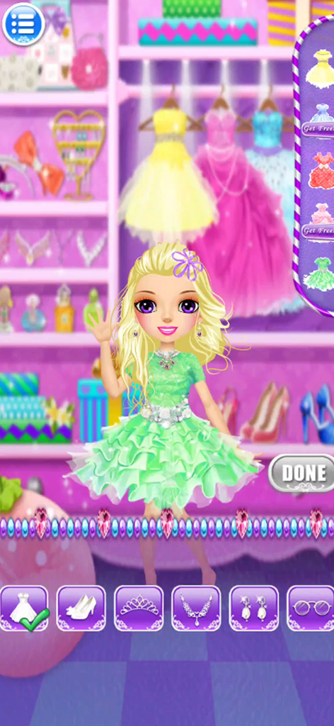 Princess Fashion Makeup - A cartoon girl wearing a green dress in a virtual walk-in closet filled with gowns and accessories.