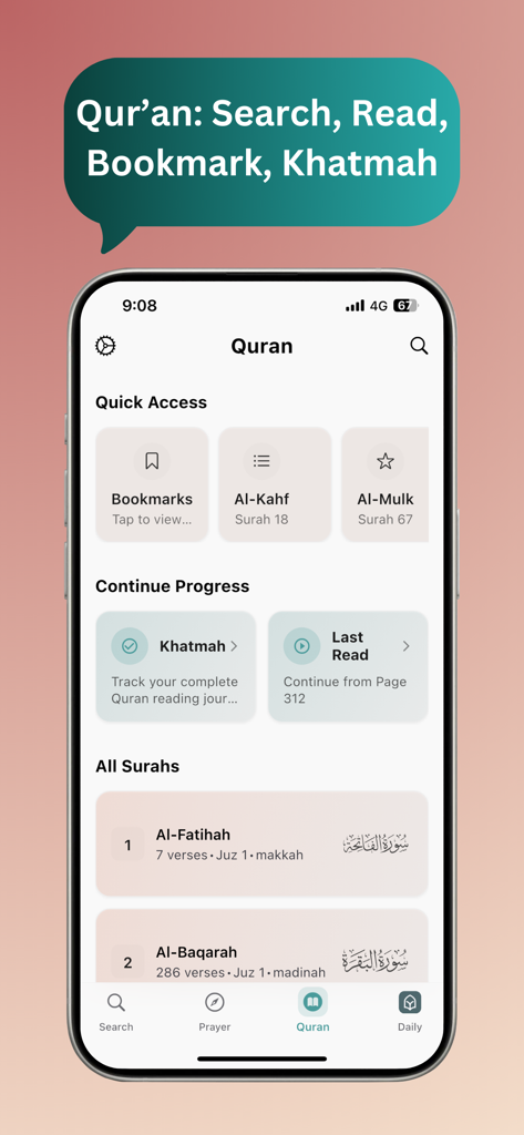 Tasleem app Quran reading dashboard showing quick access surahs and khatmah progress tracking