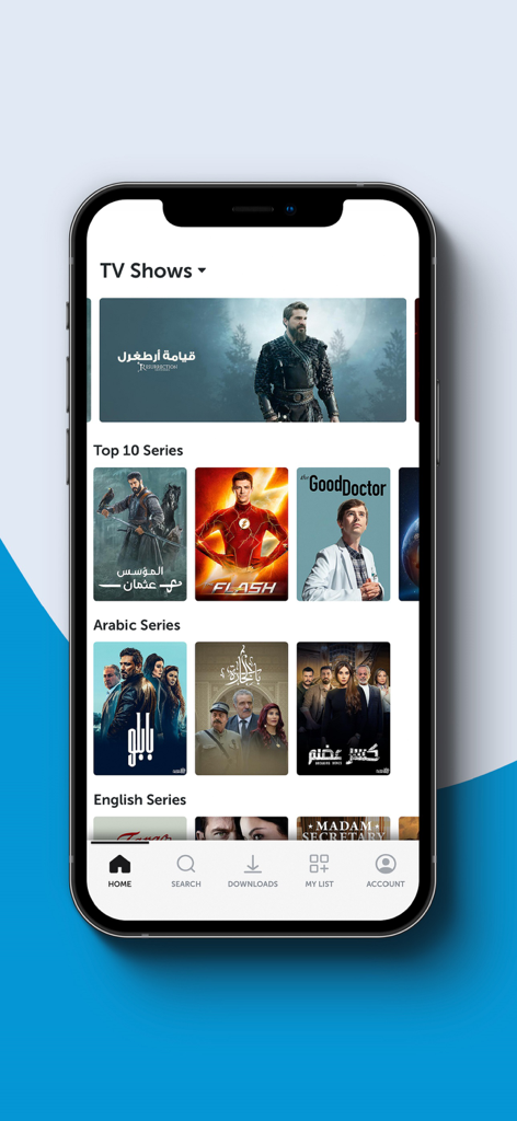 Mobily TV - Mobily TV mobile app screen displaying a variety of Arabic and English TV shows