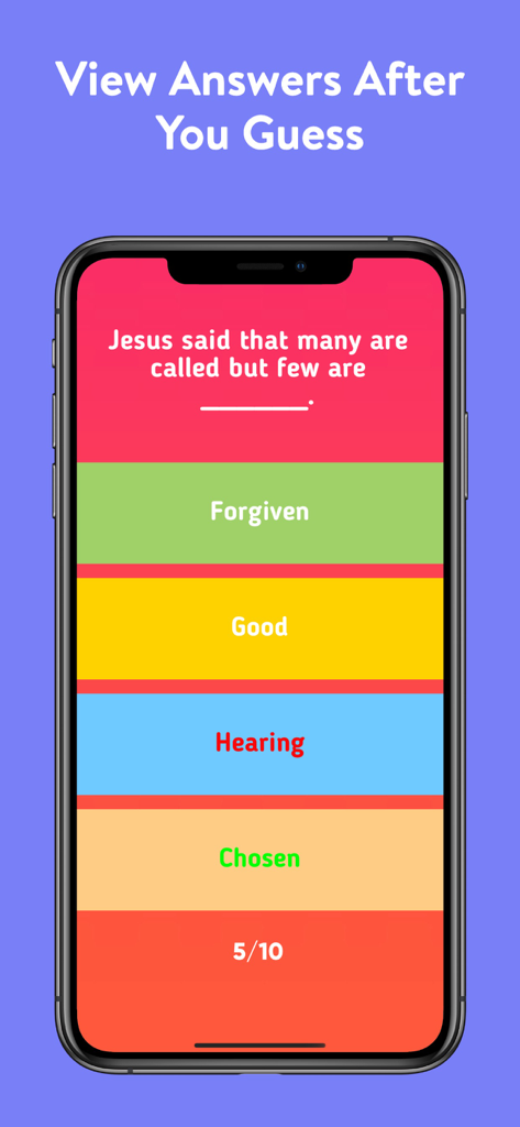 Bible Trivia Quiz - Fun Game - A smartphone screen showing a Bible trivia question with the correct answer highlighted in green
