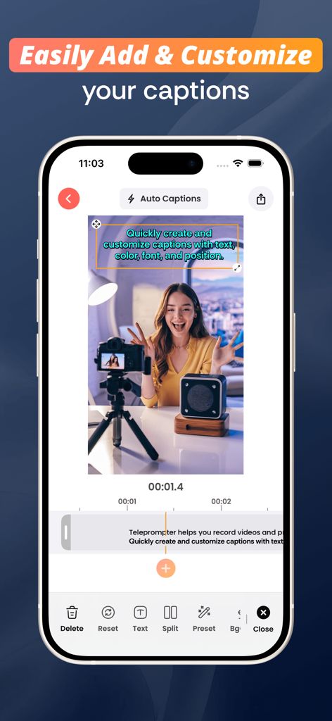Captions Maker: Video Subtitle - Captions Makerアプリの動画字幕編集インターフェースを表示するスマートフォンの画面。