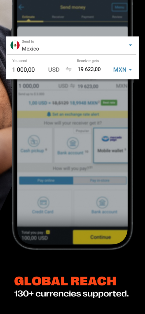 Western Union mobile app showing USD to MXN currency exchange for an international money transfer
