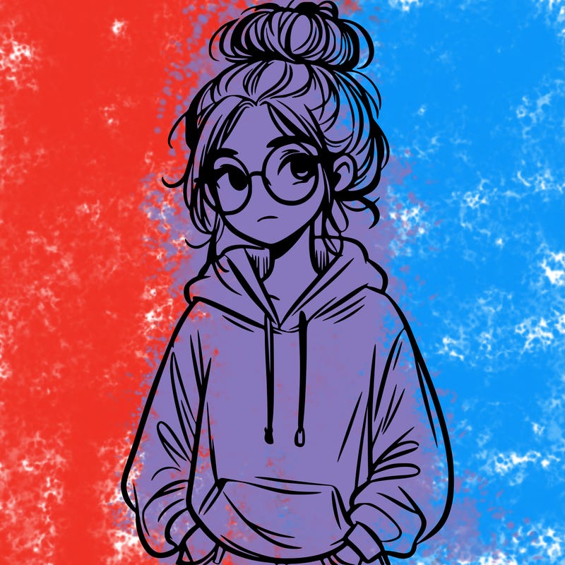 teen girl with a messy bun and glasses wearing a loose hoodie and jeans
