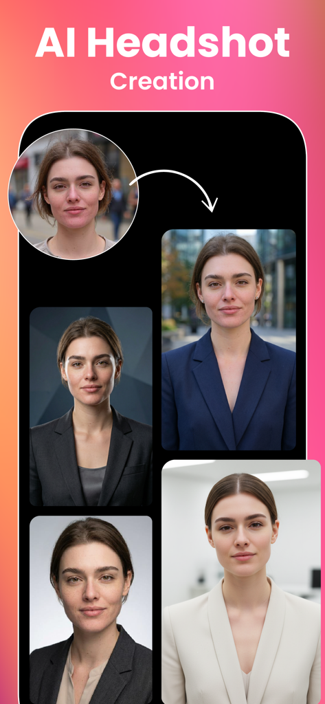 RTST.ai app interface showing a casual selfie being transformed into multiple professional business headshots for LinkedIn