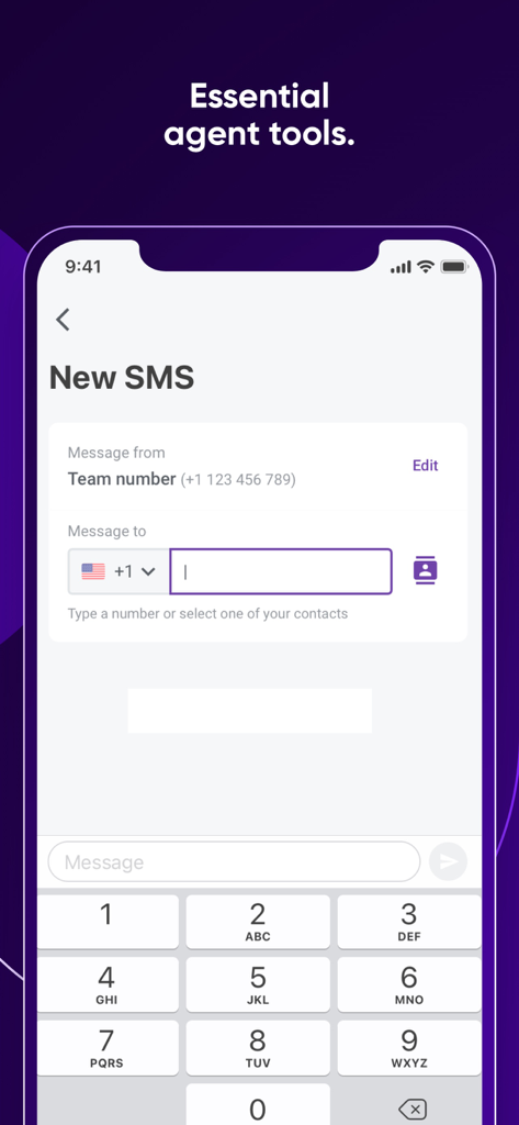 Talkdesk Conversations app interface showing the New SMS screen with a numeric keypad