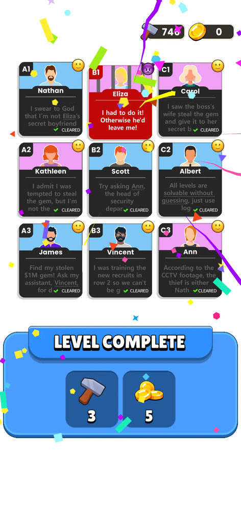 Clue Master - Logic Puzzles - Level complete screen in Clue Master showing a grid of characters with the culprit Eliza identified and rewards earned