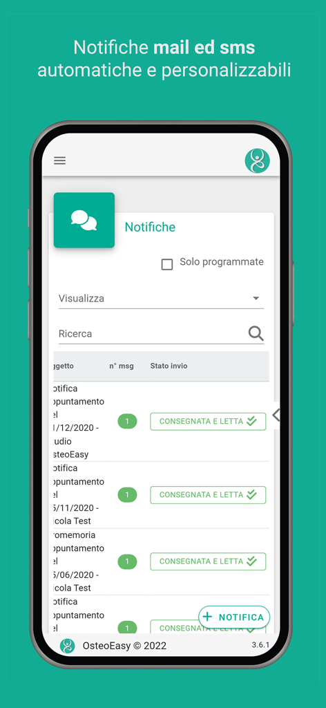 Interfaccia dell'app OsteoEasy che mostra gli stati delle notifiche email e SMS automatiche per gli appuntamenti dei pazienti