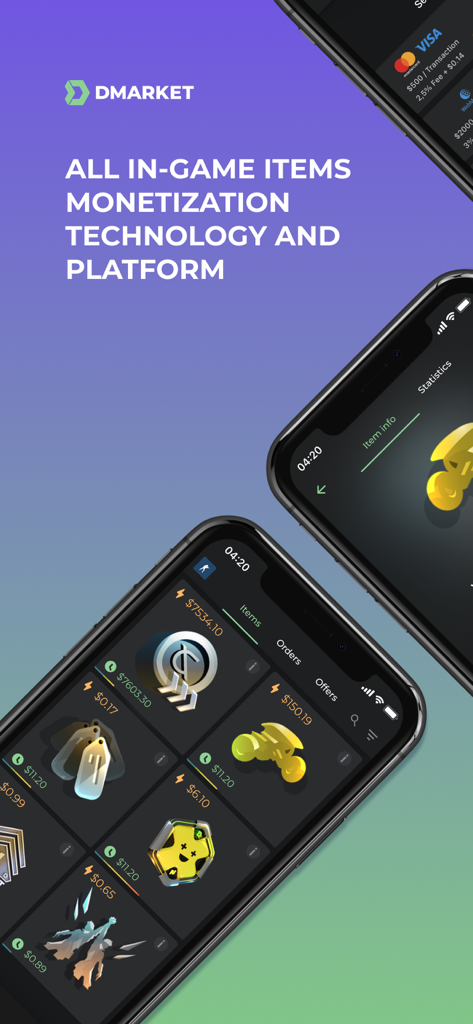 DMarket app interface displaying in game skin listings and payment options on multiple mobile screens