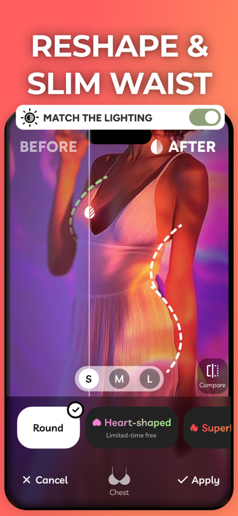 Pic+ app interface showing the reshape and slim waist tool with a before and after comparison of a woman in a dress
