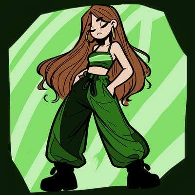 girl in baggy pants crop top and long hair