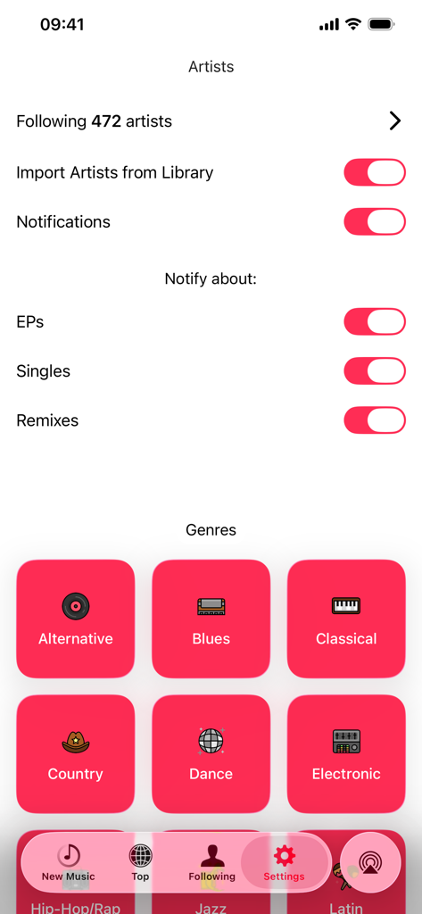 Musicasm: Best New Albums 2026 - Musicasm app settings showing notification preferences for new releases and music genre selection tiles