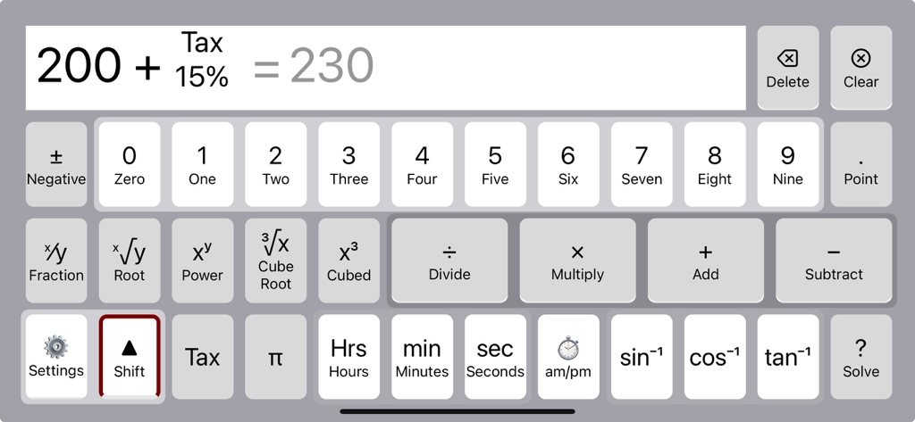 DysCalculator interface showing a calculation of 200 plus 15 percent tax with large labeled buttons for numbers and operations
