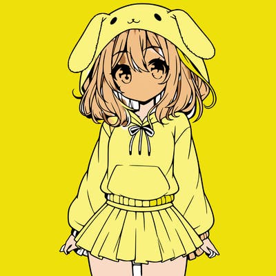 pretty anime girl wearing a fluffy hoodie with bunny ears on the hood and a skirt