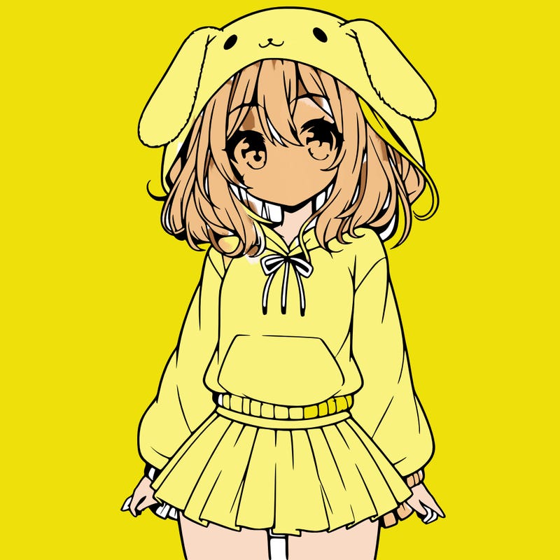 pretty anime girl wearing a fluffy hoodie with bunny ears on the hood and a skirt