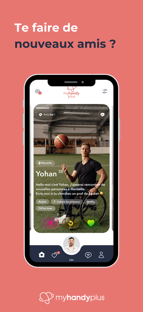 MyHandyPlus - MyHandyPlus app screen showing a user profile of a man in a wheelchair for making new friends.