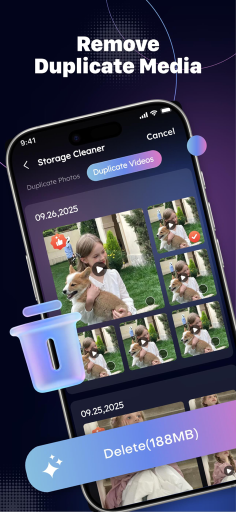 SnapMaster: Storage Cleaner - SnapMaster app interface showing duplicate video detection and a button to delete 188MB of media to save phone storage.