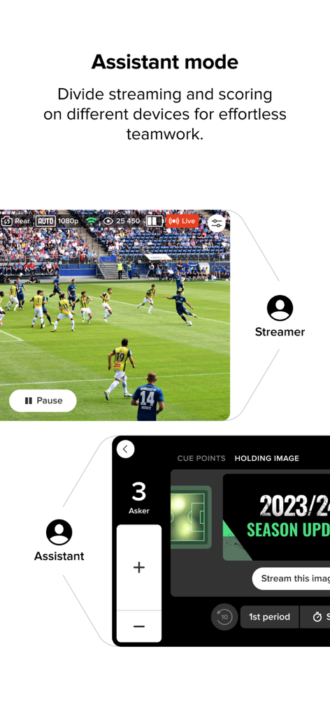 Joymo Share - Joymo Share assistant mode showing separate mobile screens for streaming and scorekeeping