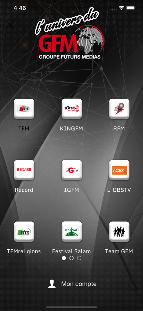 GFM & Vous - Main menu of the GFM & Vous app displaying various media channel icons including TFM and RFM