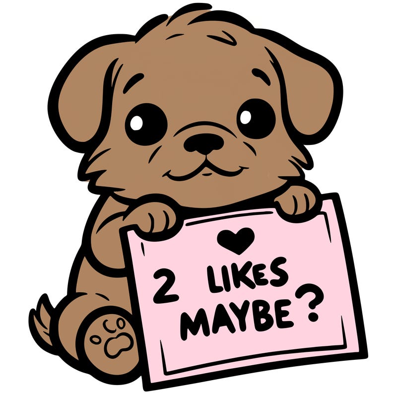 a puppy holding a sign that says 2 likes maybe?