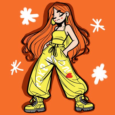 girl in baggy pants crop top and long hair