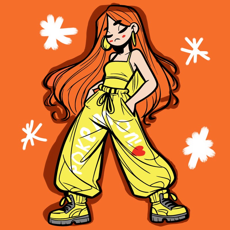 girl in baggy pants crop top and long hair