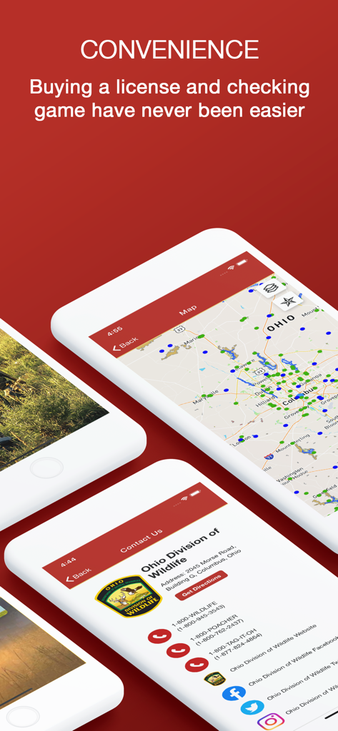 Screenshots of the HuntFish OH app showing interactive maps and Ohio Division of Wildlife contact information