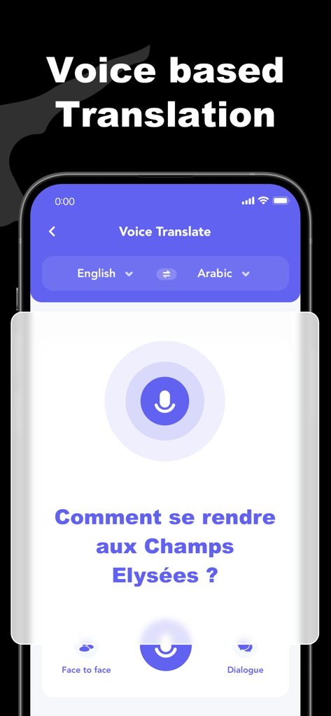 Daily Translate: AI Text Voice - 데일리 번역 앱의 스마트폰 인터페이스에는 마이크 아이콘과 프랑스어 텍스트가 있는 음성 기반 번역 기능이 있습니다.