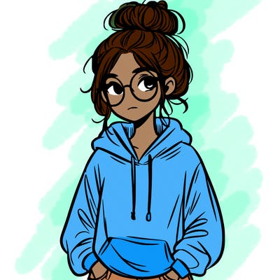 teen girl with a messy bun and glasses wearing a loose hoodie and jeans