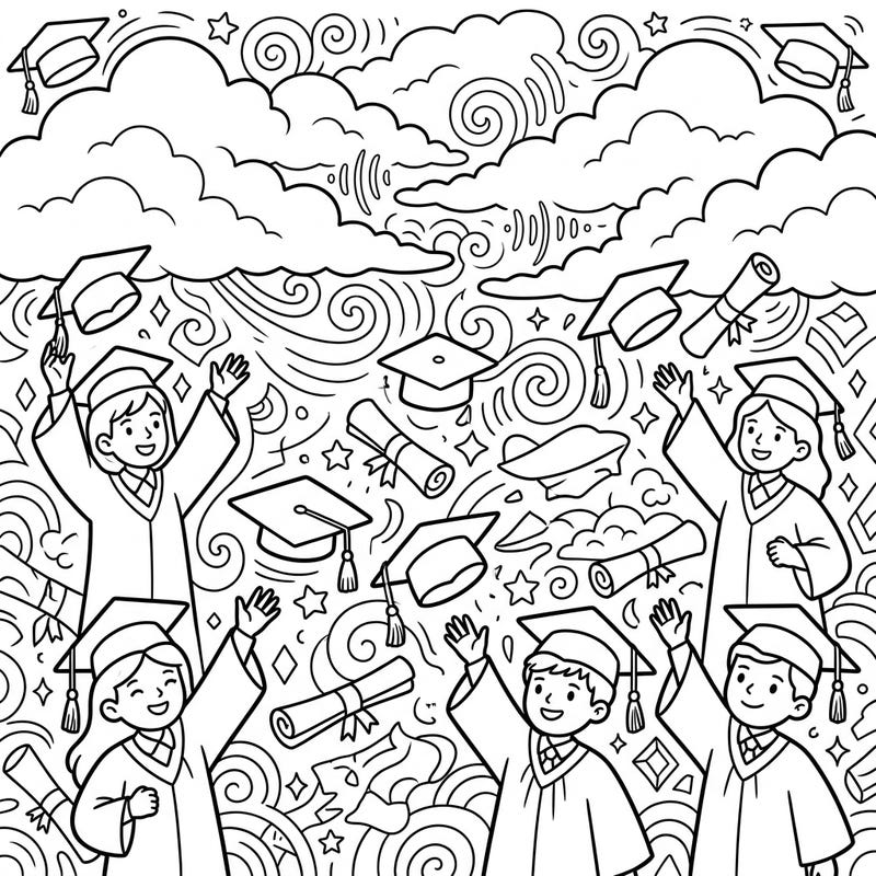 Celebrate the joyous milestone of Graduation Day with this dynamic coloring page, filled with cheering students, flying caps, and diplomas. The intricate background subtly weaves in atmospheric patterns, evoking the calm power of muffled thunder.