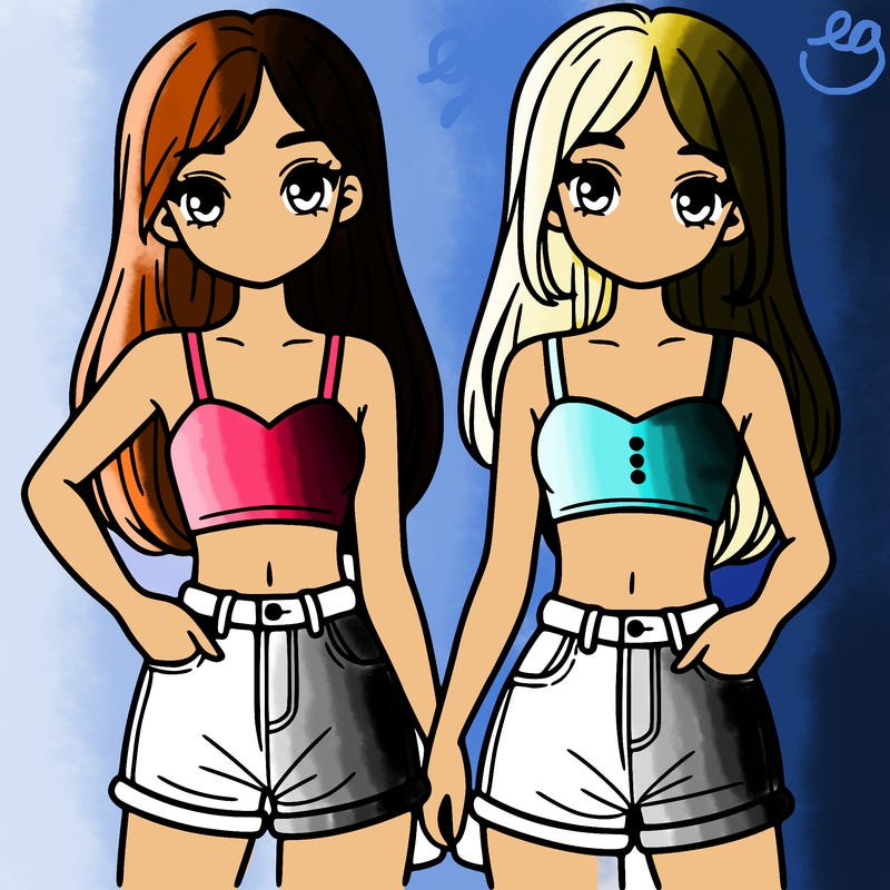 two sisters with crop tops and jean shorts and straight hair