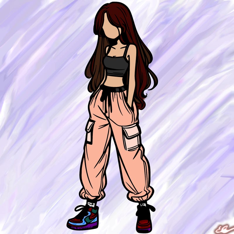 girl in baggy pants crop top and long hair
