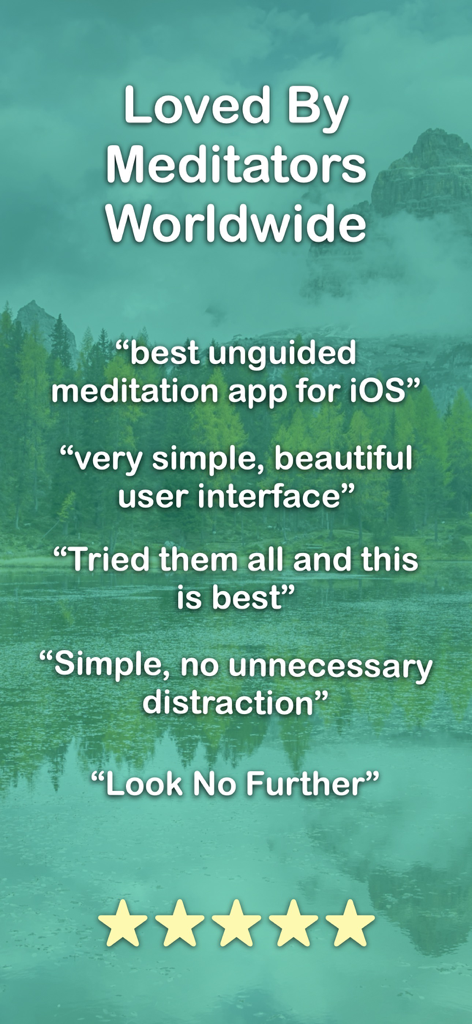 Meditation Timer - Zenitizer - Testimonios de usuarios y calificaciones de cinco estrellas para la aplicación de meditación Zenitizer sobre un fondo natural.
