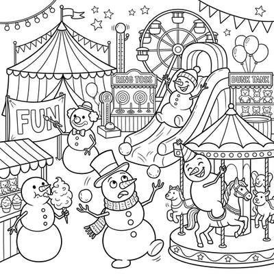 Step right up to a frosty carnival filled with laughter and exciting games! Our Funny Snowmen Carnival coloring page brings whimsical winter fun to your fingertips, perfect for creative minds of all ages.