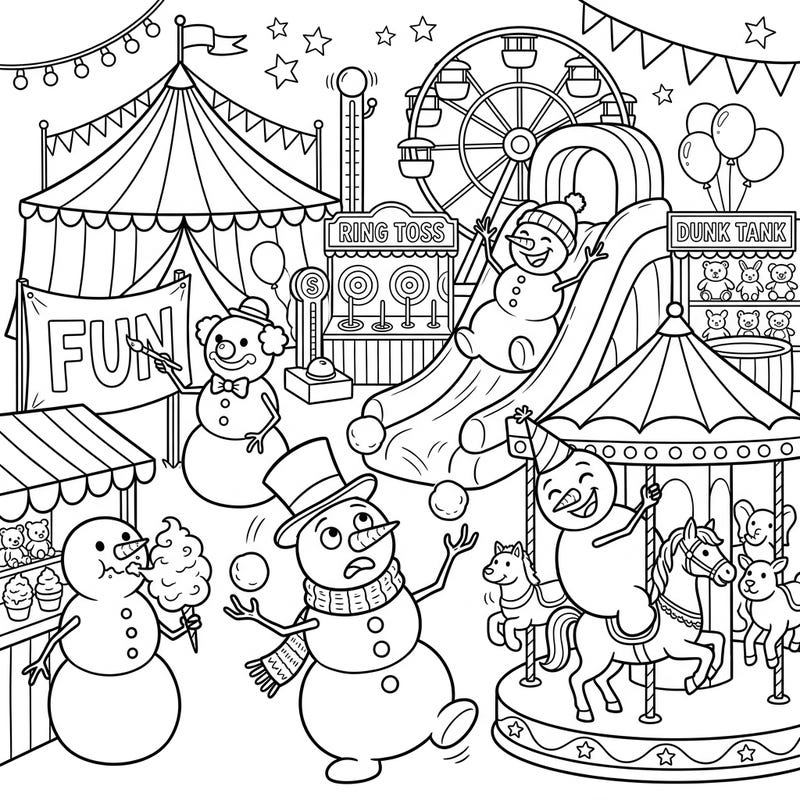 Step right up to a frosty carnival filled with laughter and exciting games! Our Funny Snowmen Carnival coloring page brings whimsical winter fun to your fingertips, perfect for creative minds of all ages.