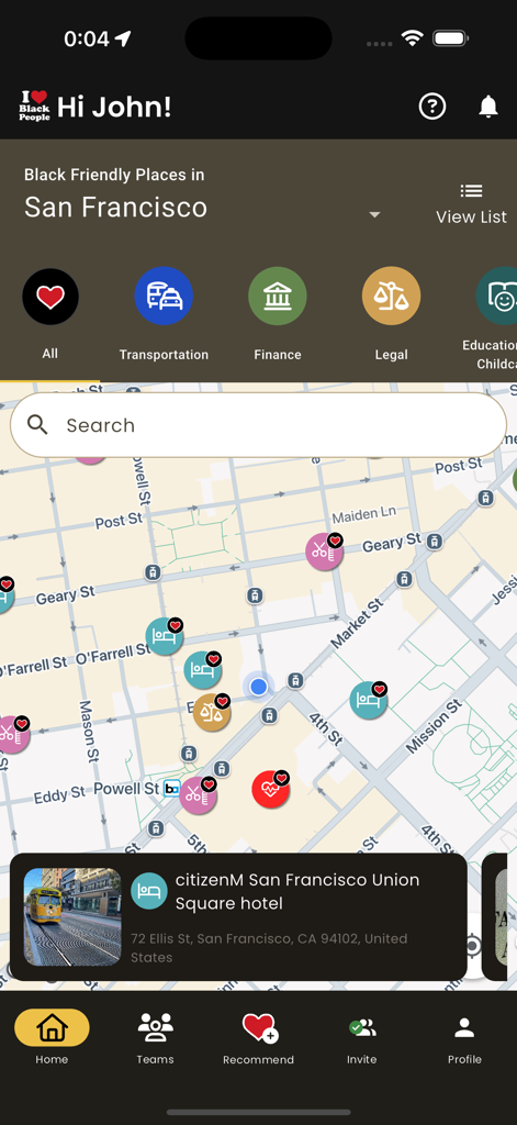 I Love Black People SafePlaces - Interfaz de mapa de la aplicación I Love Black People SafePlaces que muestra ubicaciones amigables con los negros en San Francisco.