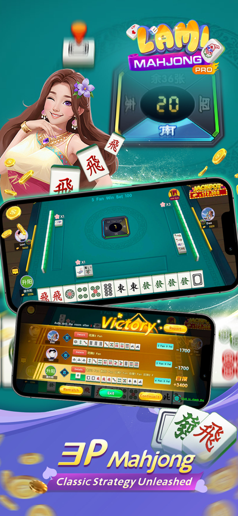 Promotional banner for Lami Mahjong Pro featuring a character and 3-player Mahjong mobile gameplay screenshots