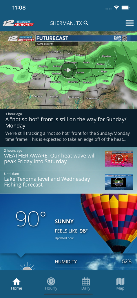 KXII Weather Authority App - KXII Weather Authority app interface showing local radar futurecast and current sunny weather conditions in Sherman Texas