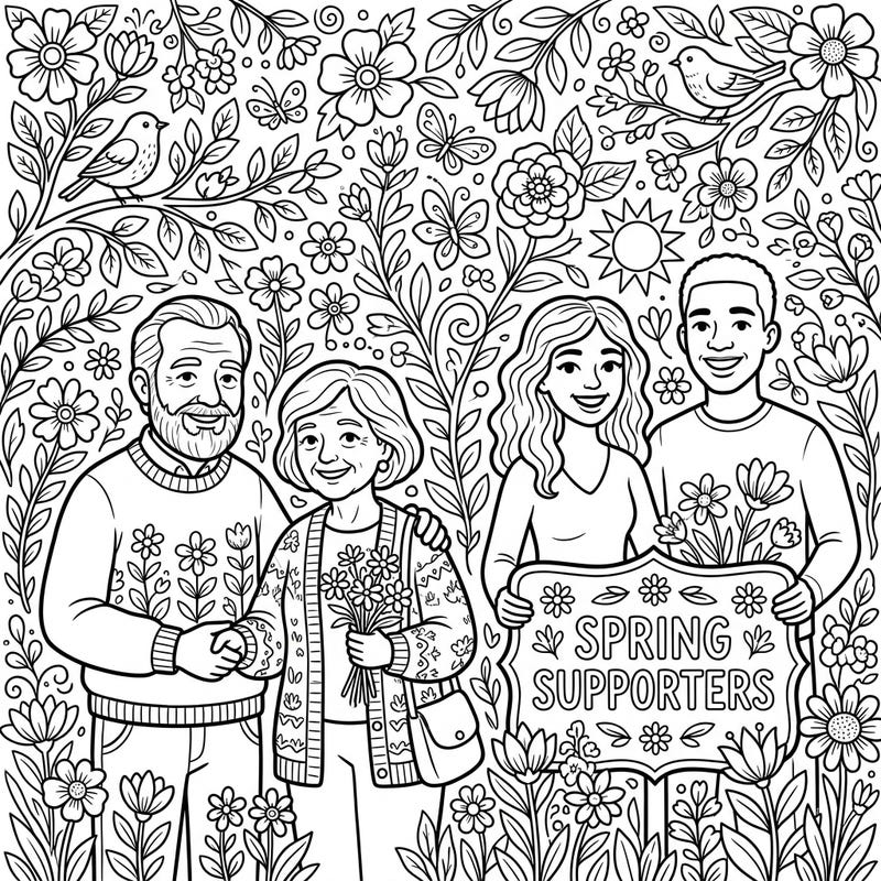 Discover the joy of giving and the beauty of spring with this heartwarming coloring page. Featuring donor portraits surrounded by vibrant blossoms, it's a perfect way to celebrate community and renewal.