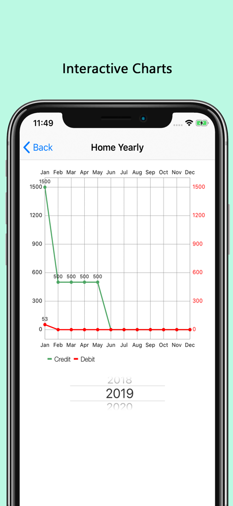 xMoney - Personal Finance - Jährlicher Kredit- und Debiten-Liniendiagramm, das Finanztrends in der xMoney App zeigt