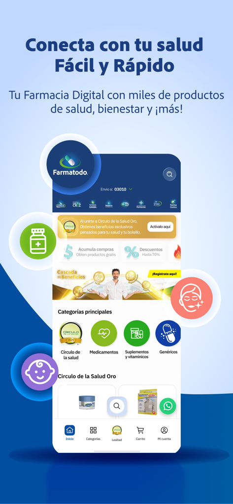 Farmatodo México - Farmatodo Mexico mobile app home screen showing health and wellness product categories