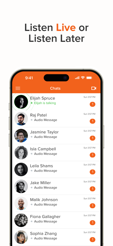 Voxer Walkie Talkie Messenger - Screenshot dell'app Voxer che mostra un elenco di chat con messaggistica vocale live e notifiche