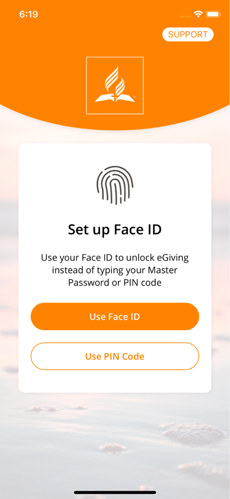 Setup Face ID screen for secure access to the eGiving app
