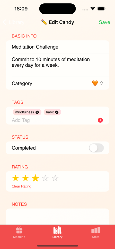 App interface for editing a meditation challenge showing tags ratings and task descriptions