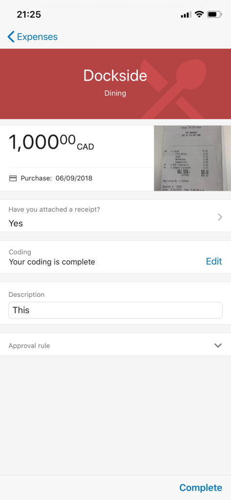 BMO Spend Dynamics app interface displaying detailed expense information and a receipt image