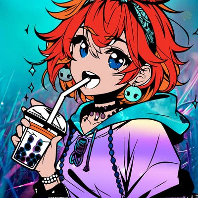 hot baddie anime girl drinking boba and biting the straw