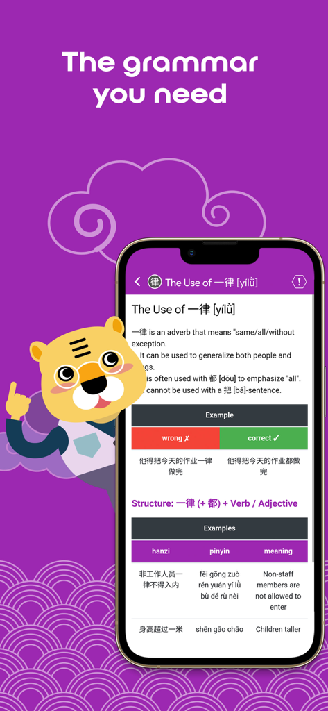 Grammar lesson screen in the HSK6 Learn Chinese Chinesimple app explaining the use of a specific Chinese adverb